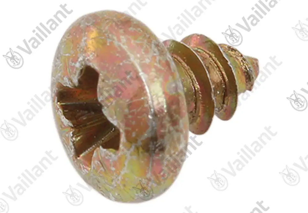 Vaillant Blechschraube mit einem schlitzartigen Kopf und spiraliger Gewindeform. Die Oberfläche weist eine metallische Beschichtung auf.